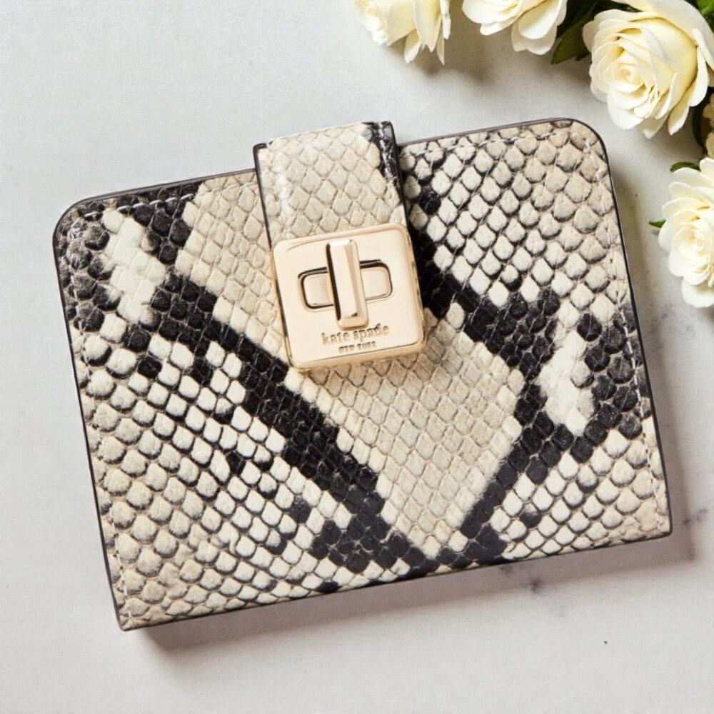 kate spade Cream and Black Snake-Print Leather Wallet with Gold Hardware